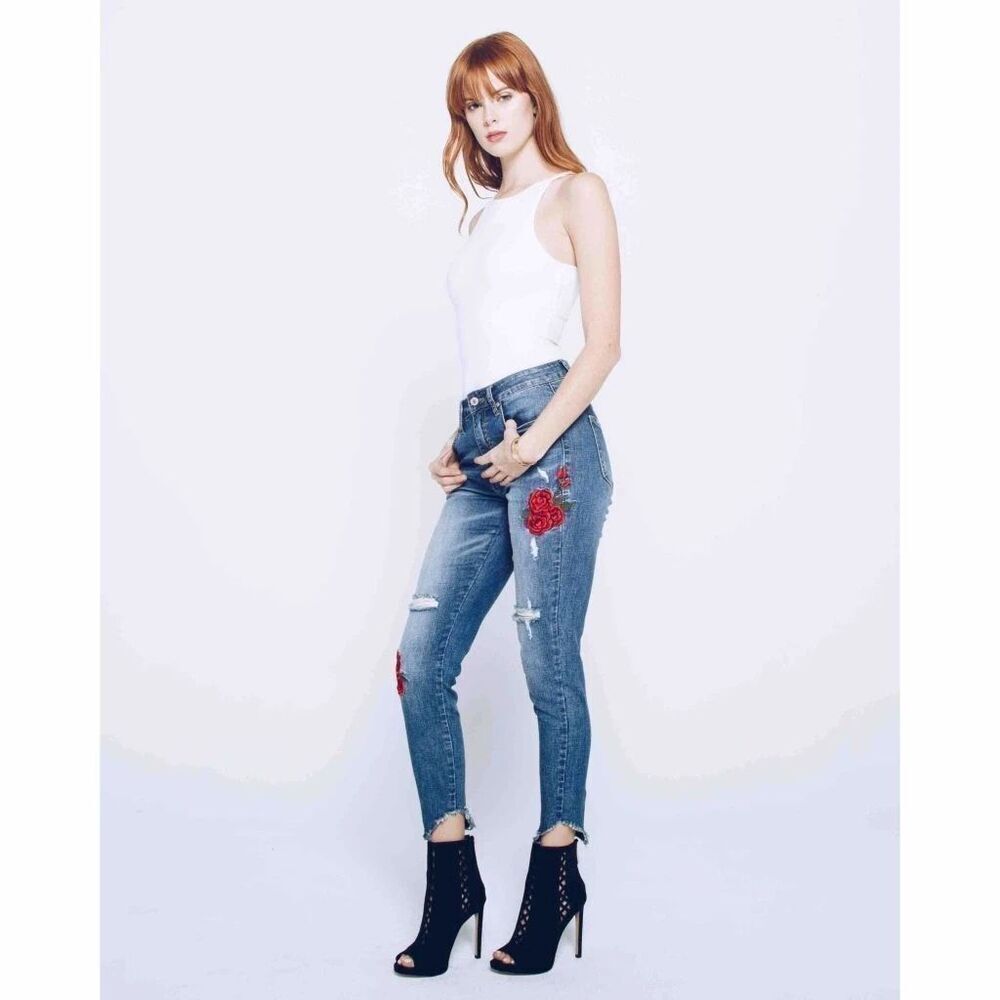 KANCAN WOMENS SKINNY Barlett Betty Rose Embroidered BLUE DENIM JEANS SIZE 5/26